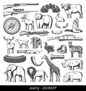 Jagdausrüstung und wilde Tiere Symbole. Vektor Gewehr, Zebra und Giraffe, Elefant und Nashorn, Ente und Elch, Armbrust und Falle, Bär und Büffel, Stock Vektor