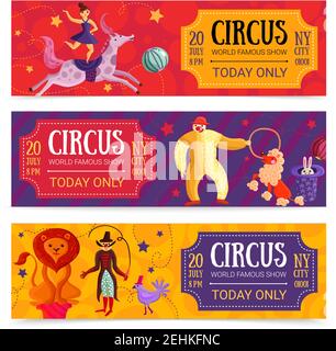 Zirkus zeigen Satz von horizontalen Banner mit Mädchen Reiter, Clown, Tiere auf bunten Hintergründen isoliert Vektor-Illustration Stock Vektor