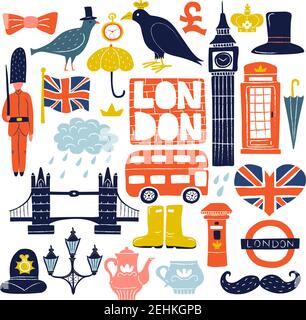 Set von london Sehenswürdigkeiten mit Tower Bridge, Big ben, Raben, Doppeldeckerbus, Wache isoliert Vektor-Illustration Stock Vektor