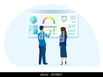 Vektor eines Geschäftsmannes und einer Geschäftsfrau, die Finanzdaten analysiert Stock Vektor