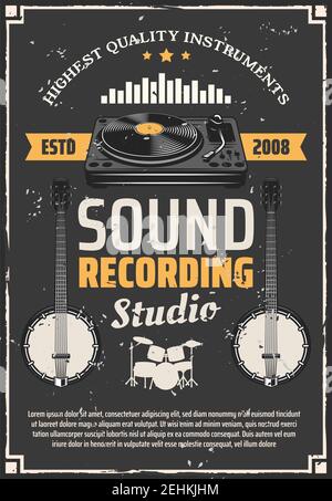 Musikaufnahme Studio Retro Poster, Musikinstrument und Ausrüstung. Drum Set, Vinyl-Plattenspieler und Banjo Vintage Banner mit Sound Equalizer. Re Stock Vektor