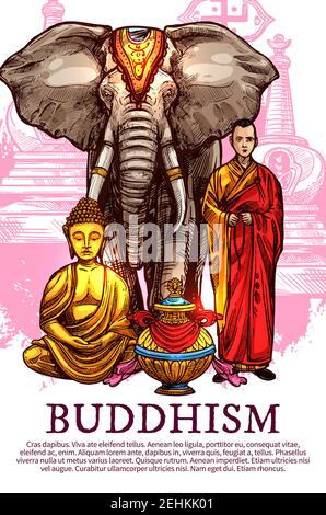 Buddhismus Religion Skizze Symbole. Vektor goldene Buddha-Statue in Zen-Meditation, buddhistischer Klostermönch mit Elefant und Bumpa Ritual Vase. Religiou Stock Vektor
