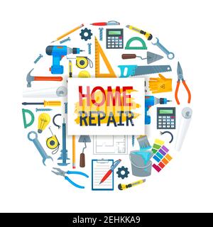 Home Reparatur Promo Poster, moderne Werkzeuge elektrische und manuelle zu bauen und wiederherzustellen. Praktische Bohrer- und Scharfsäge, Messausrüstung, kompakte sc Stock Vektor