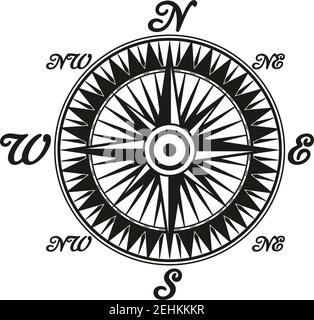 Kompass Zifferblatt vintage monochrom Symbol mit Buchstaben Bedeutung Weltseiten. Rose des Windes altmodische Seenavigationsgerät. Retro-Orientierungssymbol mit Stock Vektor