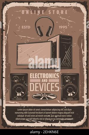 Elektronische Geräte und Multimedia-Retro-Poster für Online-Shop. Vector Vintage-Design von Audio-Sound-Systeme, Video-und Musik-Player oder TV-TV televisio Stock Vektor