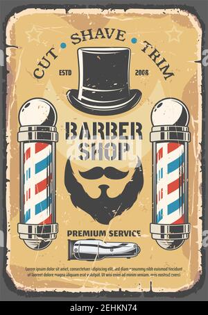 Friseur, Friseursalon. Schnurrbart, Bart und Gentlemen Hut, Rasierer Symbol. Schneiden, Rasieren und Trimmen Dienstleistungen auf Retro-Vektor-Broschüre. Ha Stock Vektor