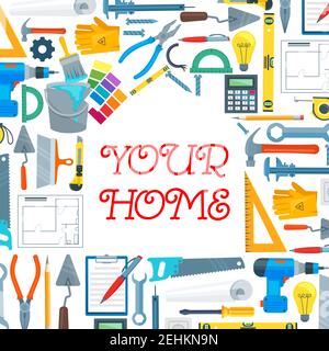 Home Reparatur-Tools, Befestigung und Ausbesserung von Gegenständen in Hausform. Schraubendreher und Zangen, verstellbarer und Beckenschlüssel, Handsäge und Hammer, Pinsel und Stock Vektor