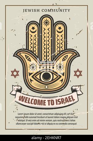 Willkommen in Israel, Judentum Symbole. Vektor Vintage-Design von Magen David Star, Hamsa Amulett von Auge und religiöse Ornament Hand. Jüdische Religion commun Stock Vektor