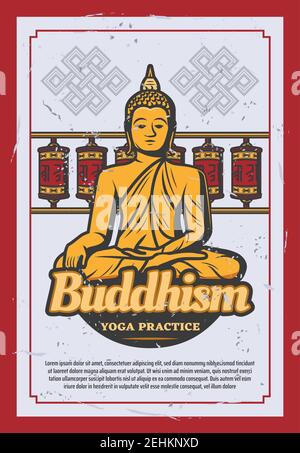 Buddhismus Religion Retro Grunge Poster mit alten Statue von asiatischen und indischen gott. Sitzender goldener Buddha Vintage Banner mit buddhistischem Gebetsrad und Stock Vektor
