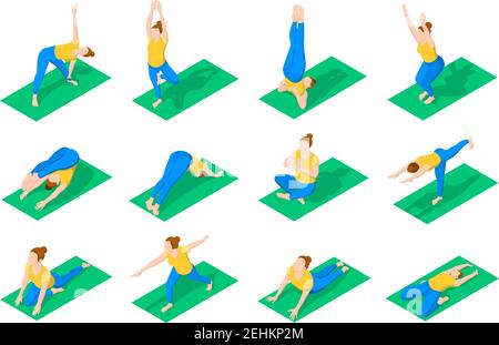 Fitness und Gymnastik Übungen isometrische farbige Symbole mit Menschen in Yoga-Posen auf grünen Matte isoliert Vektor-Illustration Stock Vektor