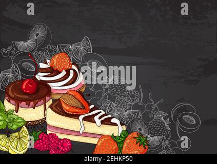 Stillleben mit einem süßen Dessert und einem Stück Obstkuchen auf einem Kreidetafel mit einer Skizze. Handgezeichnete Vektorgrafik. Poster Vorlage Design für Menü, Küche, Flyer Stock Vektor