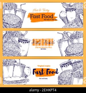 Fastfood Sandwiches, Burger und Desserts Vektor Skizze Banner von Hot Dog Hamburger und Cheeseburger, pommes Frites und Pizza, Eis und Kaffee o Stock Vektor