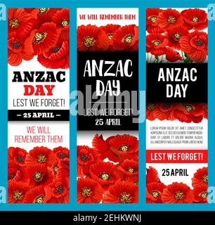 Mohnblumenbanner für Anzac Remembrance Day. 25 April Lest We Forget Gedenkkarte Design mit roter Blume von Mohn zum Gedenken an australischen und Stock Vektor