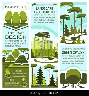 Green Landscape Design und Natur Architektur Banner für Landschaftsbau und Gartenbau Unternehmen. Vector Parkland Garten oder Park Bäume für den Außenbereich städtischen h Stock Vektor