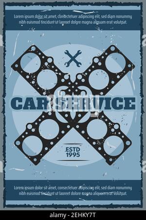 Auto-Service oder Mechaniker-Station und Garage Reparatur-Center vintage Poster. Vector Retro-Design von Motor oder Motor Ventil Dichtung und Schraubenschlüssel Werkzeuge, Spa Stock Vektor
