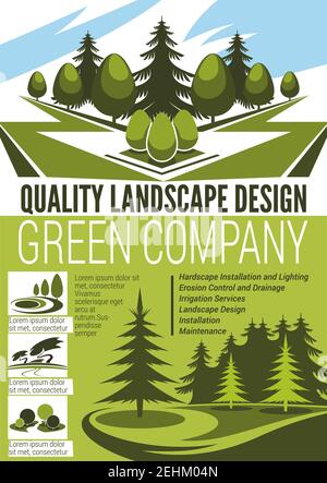 Park und Garten Baum Landschaft Banner für Landschaftsbau, Gartenarbeit und Rasenpflege Service Vorlage. Landschaft Architektur Unternehmen Promo Poster Design von Stock Vektor