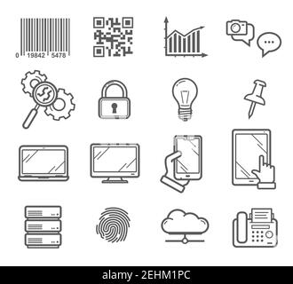 Vektorsymbole für Unternehmen und Technologien. Barcode, Nachrichten-Chat, Suchzeichen und Sicherheitsschloss, Smartphone-Gadgets und Notebook-Display, Storage Cloud und Stock Vektor