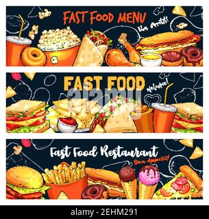 Fast-Food-Skizze von Fastfood-Snacks und Mahlzeiten. Café, Restaurant oder Bistro-Menü. Vector Burger, Hot Dog Sandwich oder Pizza und Hamburger, mexikanische Tacos Stock Vektor