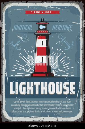 Leuchtturm Vintage Poster für Seefahrer sicheres Segeln. Vector retro Design von Schiff Sicherheits-Leuchtfeuer für Seemann Navigation oder Meer und Meer Abenteuer Stock Vektor