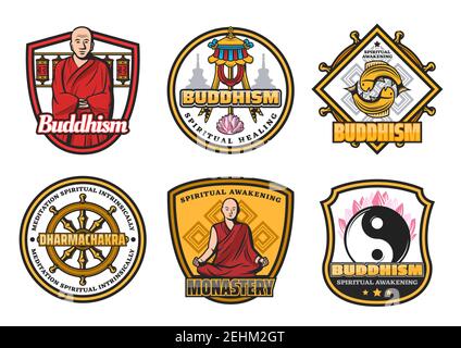 Religiöse buddhistische Ikonen mit Mönch in roter Robe und religiösen Symbolen. Dharma Rad und Kloster, Goldfische und Yin Yang, Lotusblume und Flaggensymb Stock Vektor