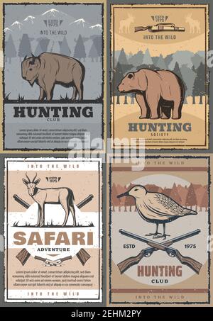 Jagdclub Retro-Poster für Jagd offenen Saison oder afrikanischen Safari-Abenteuer. Vektor Vintage-Design von wilden Büffel Tier, Waldbär oder Antilope und Stock Vektor