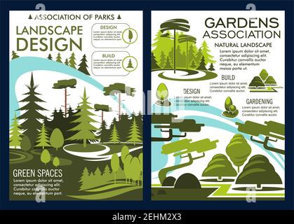 Landschaftsgestaltung und Gartenverein Poster oder Broschüre. Vector Natur Gartenbau-Service für Landschaftsbau und Gartenbau Unternehmen von Parklandschaften oder Stock Vektor