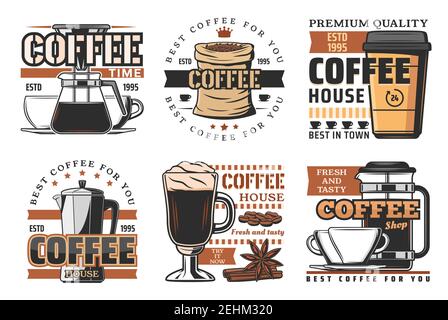 Heißer Kaffee Getränk oder Getränk, dampfenden Kaffee in der Tasse. Bohnen und Espresso, Latte und Macchiato, Mokka und Wasserkocher, Glasse mit Vanille, Mixer und Zimt Stock Vektor