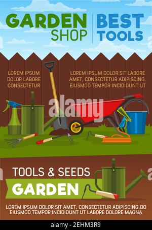 Gartengeschäft Gartengeräte, Artikel, Saatgut und Landwirtschaft Ausrüstung. Schaufel, Gießkanne und Schlauch, Eimer, Gabel und Schubkarre, Pitchfork, Spray und Stock Vektor