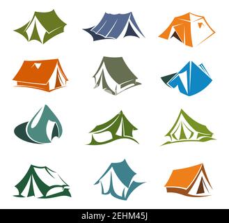 Camping und Wanderzelte Ikonen, Bergsport und Extremtourismus. Outdoor Abenteuer Kabinen Vektor-Symbole. Tragbare wasserdichte Wohnung, Symbo Stock Vektor
