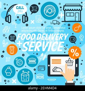 Food Delivery Service, Shopping-Ikonen von Lebensmitteln und Getränken. Männliche Hand bestellt Produkte über das Internet, 24 Stunden Anrufe verfügbar. Vector Webshop und Takeaw Stock Vektor