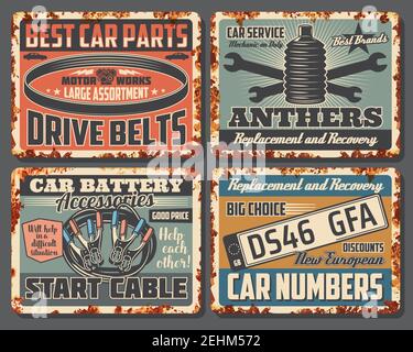 Auto-Reparatur und Garage Mechaniker Service alten Metall Schilder, rostige Textur. Autoteile, Kfz-Batterie Zubehör und Auto-Nummern, Antriebsriemen, wren Stock Vektor