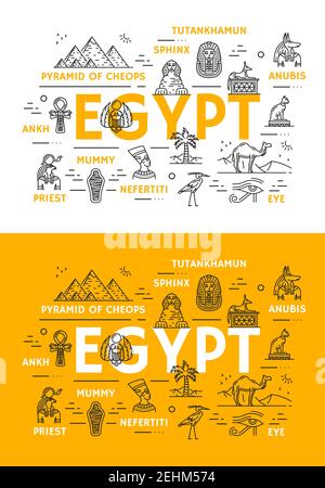 Ägypten Reise Wahrzeichen und alte Kultur dünne Linie Symbole. Vektor-Poster von ägyptischen Cheops pharao Pyramiden, Sphinx oder Tutanchamen und Nofretete pri Stock Vektor