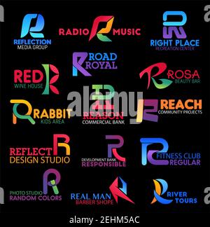 Symbole mit dem Buchstaben R. Vector Finanzen, Reisen und Sport, Bildung, Musik und Gesundheitswesen Symbole. Moderne R Briefbank, Fitness-Club und medizinische Klinik cor Stock Vektor