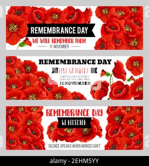Gedenktag 11 November Mohn Banner für, damit wir die Weltfreiheit und Commonwealth Veteranen Gedenken vergessen. Vektor rot Mohnblumen für remem Stock Vektor