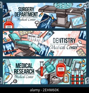 Chirurgie Abteilung, Zahnmedizin und medizinische Forschung Banner in Skizze Stil. Ausrüstung für Untersuchung und Behandlung, Zahnarztstuhl, sterile Behälter Stock Vektor