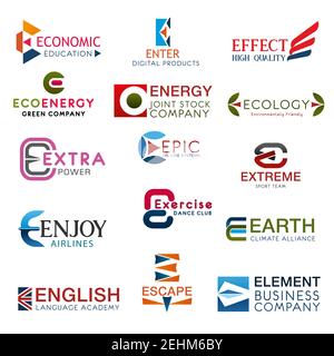 E-Buchstaben Symbole Wirtschaft und Bildung, Englisch Kurse Symbol mit Flagge, Umweltschutz Organisation Zeichen. Extreme und Fitness-Club, Energie busi Stock Vektor