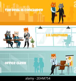 Drei farbige Business-Katze horizontal Banner mit dem Deal gesetzt Wird Brainstorm und Büroangestellte Überschriften Vektor Illustration abgeschlossen Stock Vektor
