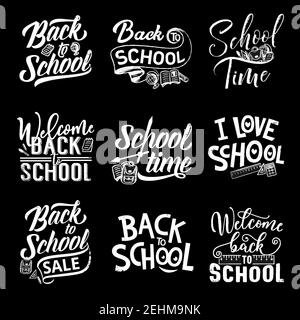 Willkommen zurück zur Schule Kreide Schriftzug auf Tafel Hintergrund. Willkommen in der Schule Verkauf bieten Förderung Hand Kalligraphie Symbol, mit educatio dekoriert Stock Vektor