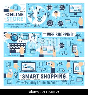 Online-Shop Web-Shopping Vektor Infografiken. Kauf über das Internet, Analyse-Statistik-Tools. Kostenlose Lieferung Dienstleistungen, Rabatte auf Waren und Wirkung Stock Vektor