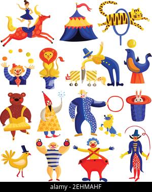 Sammlung von Zirkuskünstlern wie Reiter, Clowns, illusionisten mit Tricks, starker Mann, trainierte Tiere isoliert Vektor-Illustration Stock Vektor
