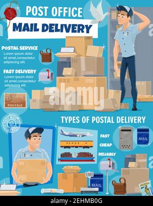 Postdienst, Vektor. Porto Logistik, Postboten Kurier und verpackte Boxen per Luft, Schiff, Land geliefert. Briefträger im Postamt mit Let Stock Vektor