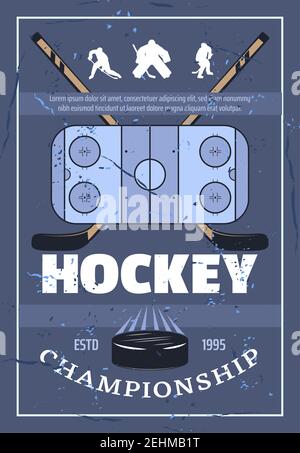 Retro-Poster zur Eishockey-Meisterschaft. Spielfeld, gekreuzte Stöcke, athletische Spieler und Waschmaschine Symbole des Spiels. Vector Hockey League Professional eq Stock Vektor