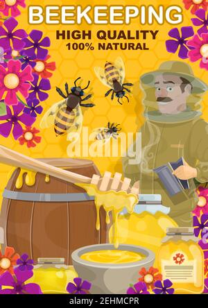 Bienenzucht und Honigprodukte. Vector Imker Mann auf der Imkerei mit Tauchlöffel, Holzfass und Glas, Bienen schwärmen in Blumen auf Wabenrücken Stock Vektor