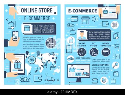 Online-Internet-Shop oder E-Commerce-Technologie. Vector Geld und Kreditkarte Zahlung Transaktion, Shopping und Produkte Lieferung von Computer oder Smar Stock Vektor