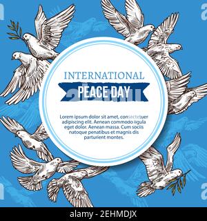 Internationaler Friedenstag Grußkarte von Skizzentauben mit Olivenzweig in Schnabel, der in blauem Himmel flackert. Vector Design für UN Feiertagsfeier von 21 SE Stock Vektor