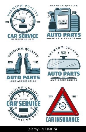 Auto-Service-Symbole für Autoteile speichern und mechanische Reparatur auf Garage Transport Station. Vektor-Symbole der Auto Tachometer, Motor Chemikalien von Öl, CO Stock Vektor