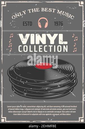 Vinyl Retro Poster für Musikgeschäft oder Audiogeräte von Playern, Kopfhörern oder Kopfhörern und Audiosystemen. Vector vintage Werbung Design Vinyl Stock Vektor