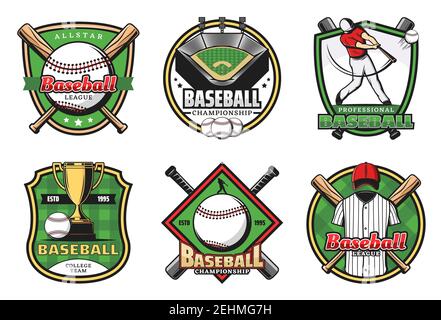 Baseball Sport heraldischen Symbole mit gekreuzten Fledermäuse und Bälle, Pokal und Uniform, Spieler und Stadion. Team-Spiel und Sport-Symbole und Schilder. Profe Stock Vektor