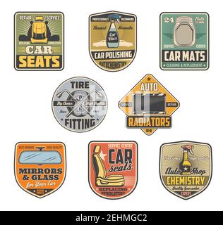 Auto-Reparatur-Service vintage Retro-Symbole für Auto-Shop. Vector Fahrzeuginnenraum Teile, Spiegel und Glas, Kühler und Chemie für die Reinigung, Reifen fitt Stock Vektor
