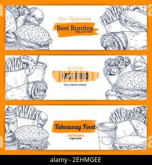 Fastfood-Mahlzeiten Burger und Sandwiches oder Desserts skizzieren Banner für Street Food Restaurant oder Café-Menü. Vector Fastfood Cheeseburger oder Eis a Stock Vektor